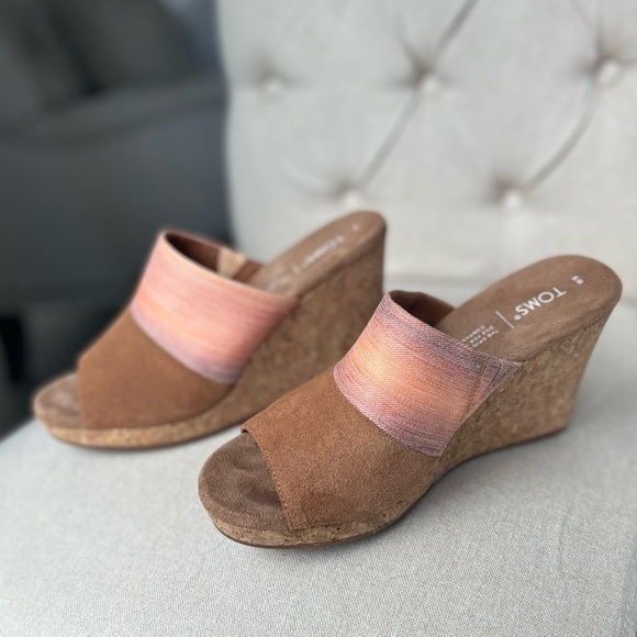 Toms Monica Tan Peach Ombra Women's US 8  Cork Wedge Platform Heel Shoes Sandals - Picture 4 of 16